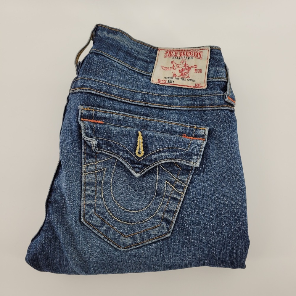 True Religion Billy Straight‎ Leg Jeans Womens 26 Blue Low Rise Contrast Stitch